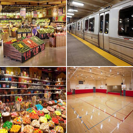 Composite of grocery store, subway, candy store, basketball field