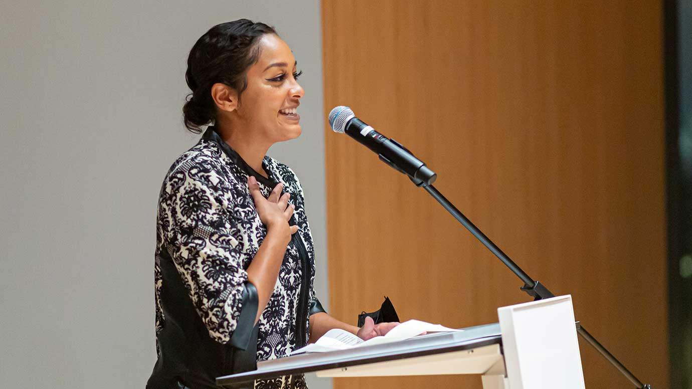 Eve Ewing speaking at ceremony