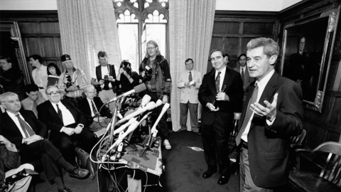 Lucas during Nobel announcement, 1995