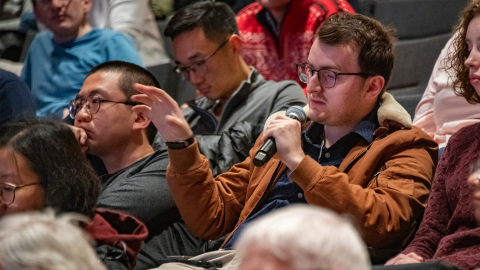 An audience member asks a question during the Q&A portion of the 3rd annual Hagel Lecture.