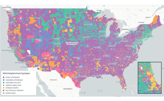 Seven SDOH neighborhood typologies were optimized across the continental United States, as presented in this screenshot from the SDOH web application generated to visualize results. Chicago detail shown in inset map.