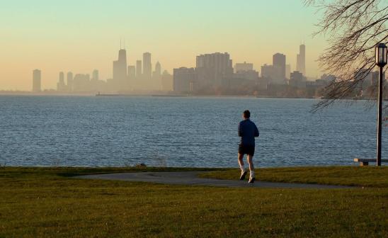 man running along the chicago lakefront