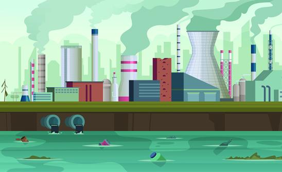 Graphic of smokestack pollution and water