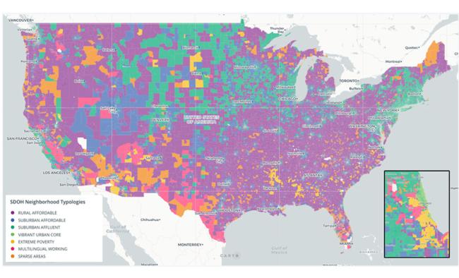 Seven SDOH neighborhood typologies were optimized across the continental United States, as presented in this screenshot from the SDOH web application generated to visualize results. Chicago detail shown in inset map.