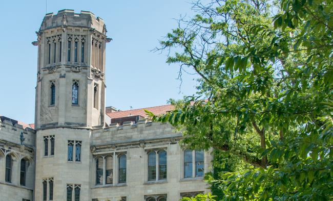 view from harper quadrangle facing towards rosenwald hall