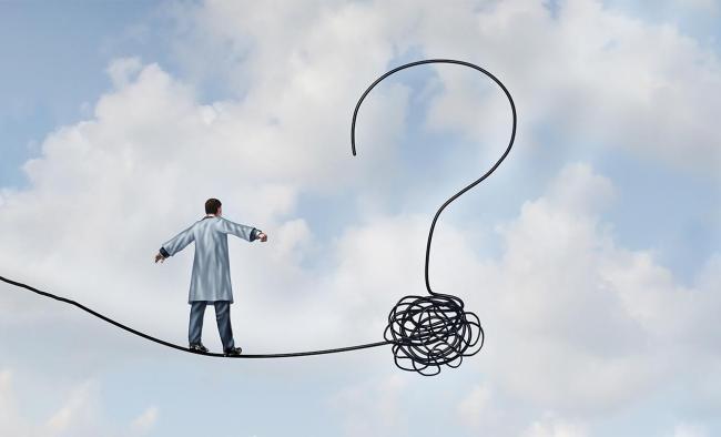 man walking down tightrope which turns into a question mark symbolizing uncertainty 