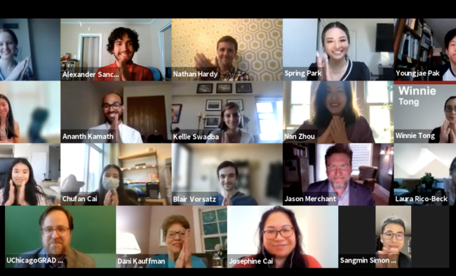 thirteen masters and PHD students participating in the three minute thesis competition over Zoom