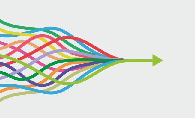 illustration of various lines of different colors intertwining into one arrow pointing forwards