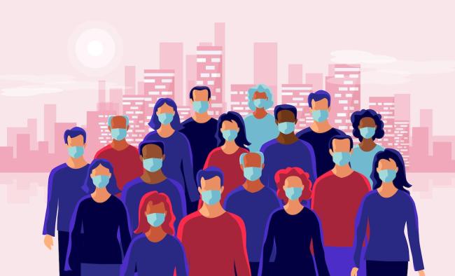 illustration of crowd of masked people