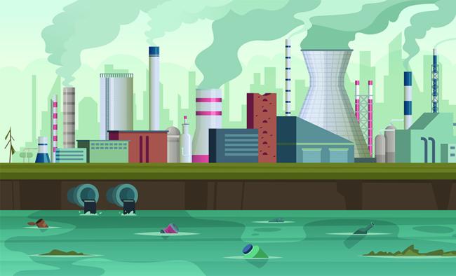 Graphic of smokestack pollution and water