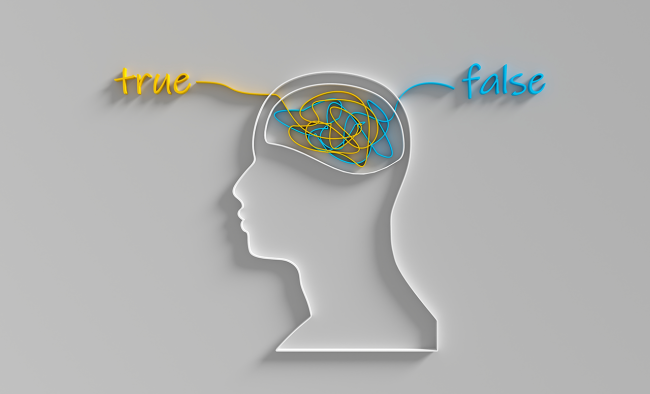 graphic depicting person's head with both true and false thoughts