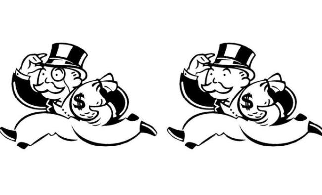 Diagram of monopoly-man icon in two variations, one real and one altered