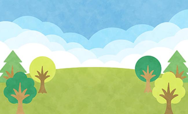Graphic with blue sky, green grass and several trees.