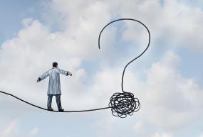 man walking down tightrope which turns into a question mark symbolizing uncertainty 