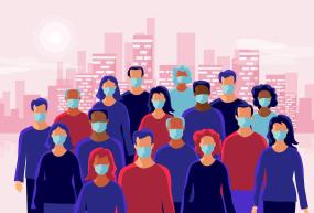 illustration of crowd of masked people