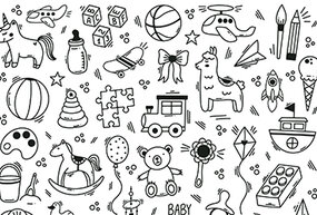 A black and white graphic depicting various children's toys such as balls, skates and pails.